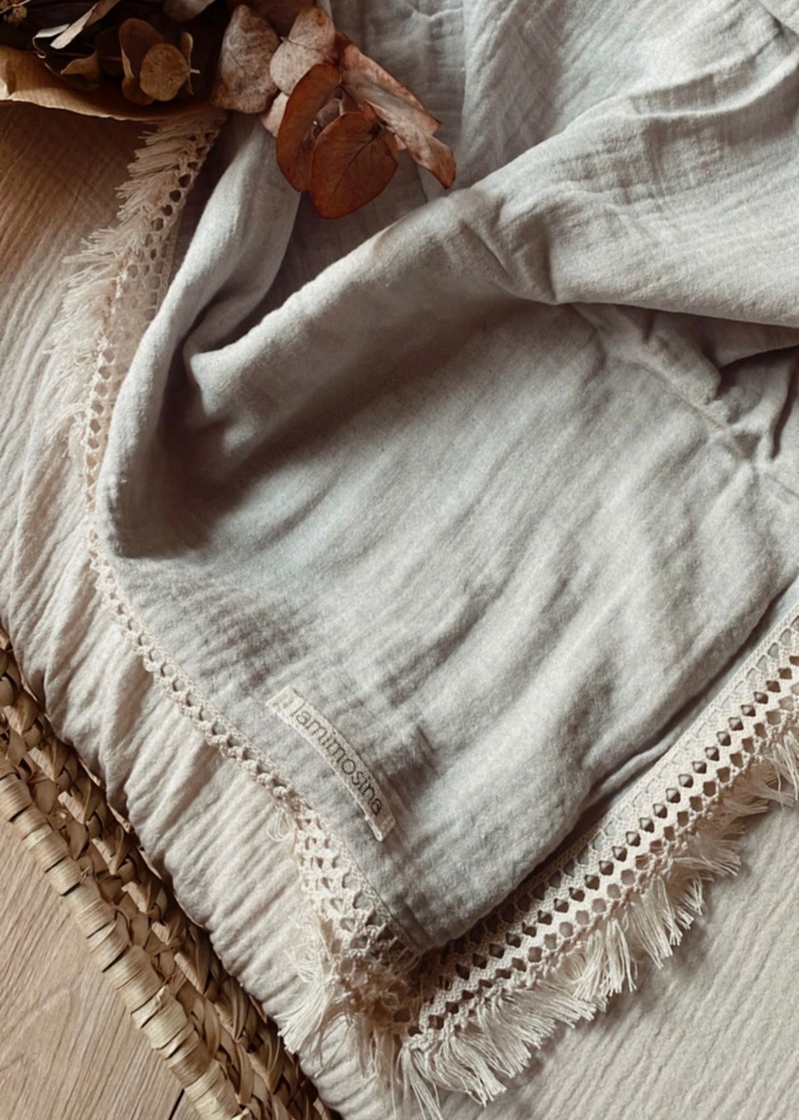 Muselina boho algodón orgánico flecos de lino Gris